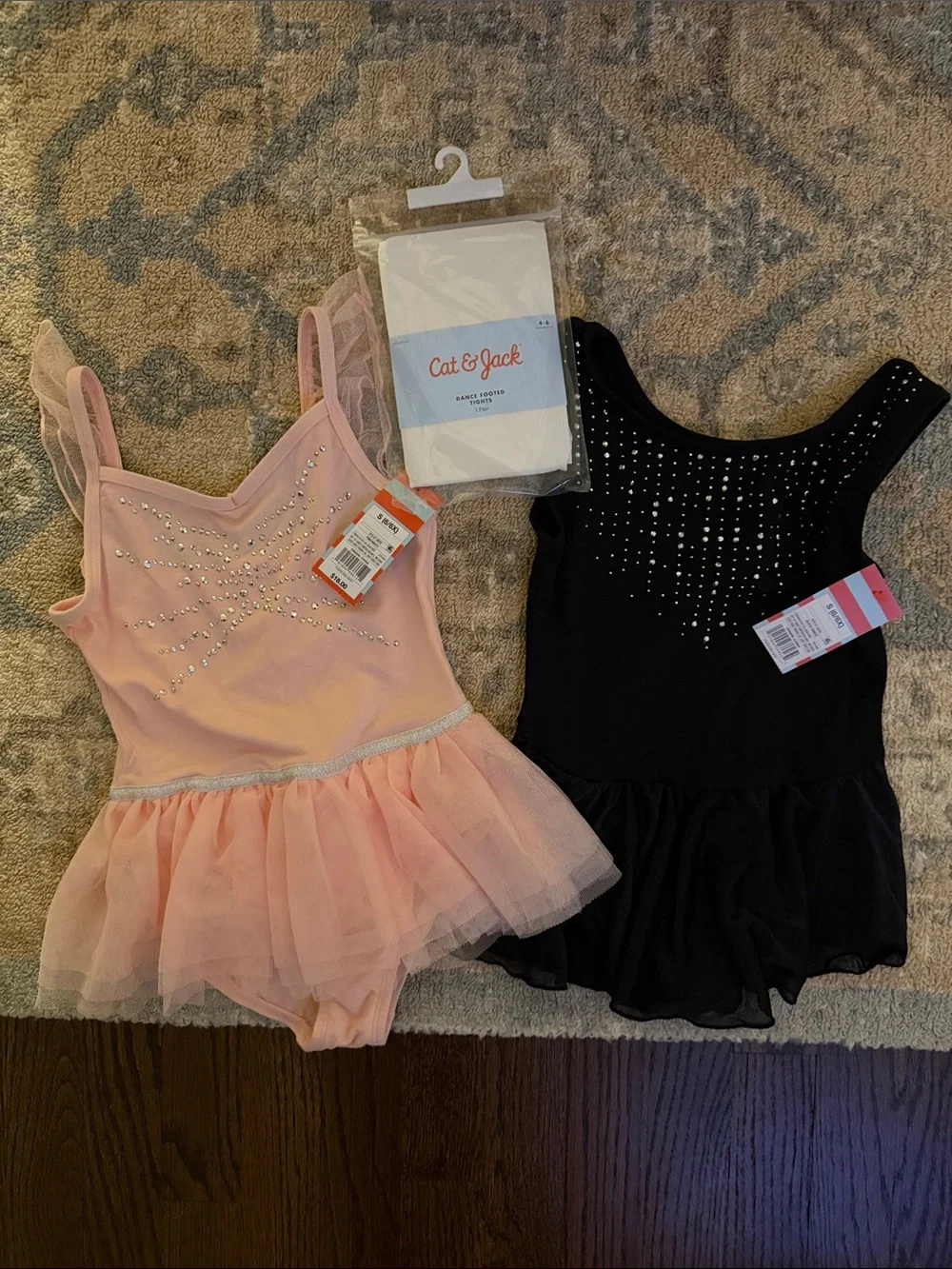Cat & Jack Pink & Black Rhinestone Tutu Leotards - Dance Costume Set w/ tights